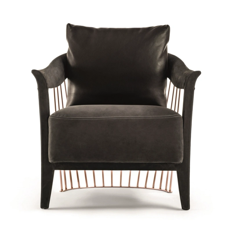 Custom Fabric Chair with Gold Metal Frame & Leather Accents-2