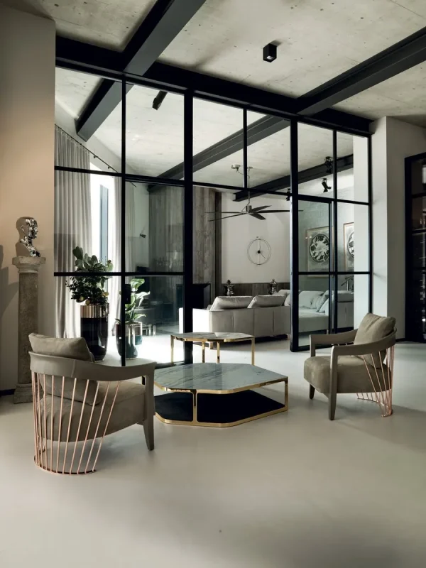 Custom Fabric Chair with Gold Metal Frame & Leather Accents-3