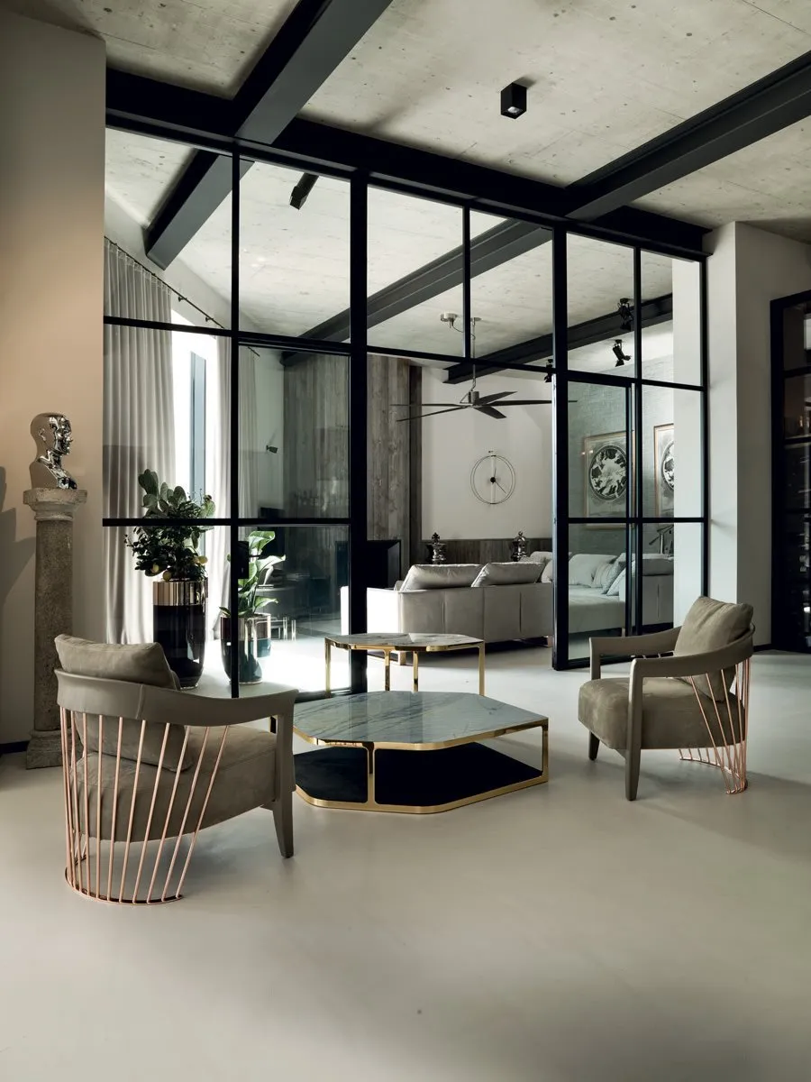 Custom Fabric Chair with Gold Metal Frame & Leather Accents-3