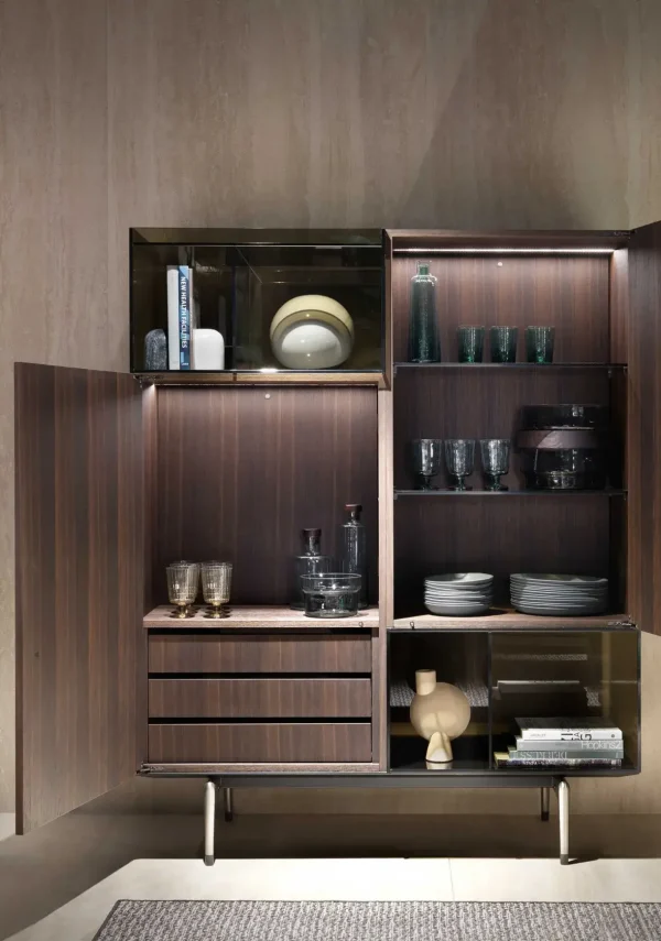 Dark Wood Custom Wine Cabinet with Asymmetric Display Shelf-2