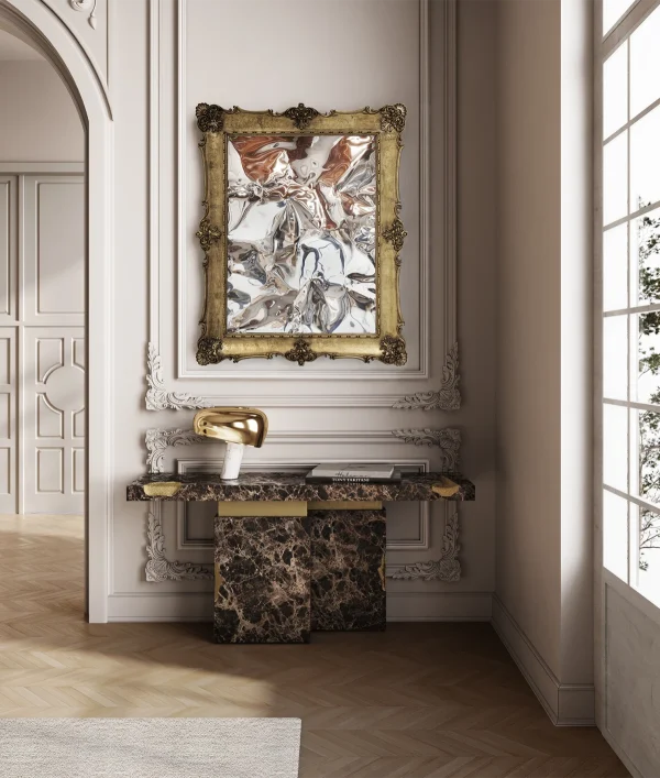 Modern Bespoke Marble Console Table with Gold Leaf Inlay-4