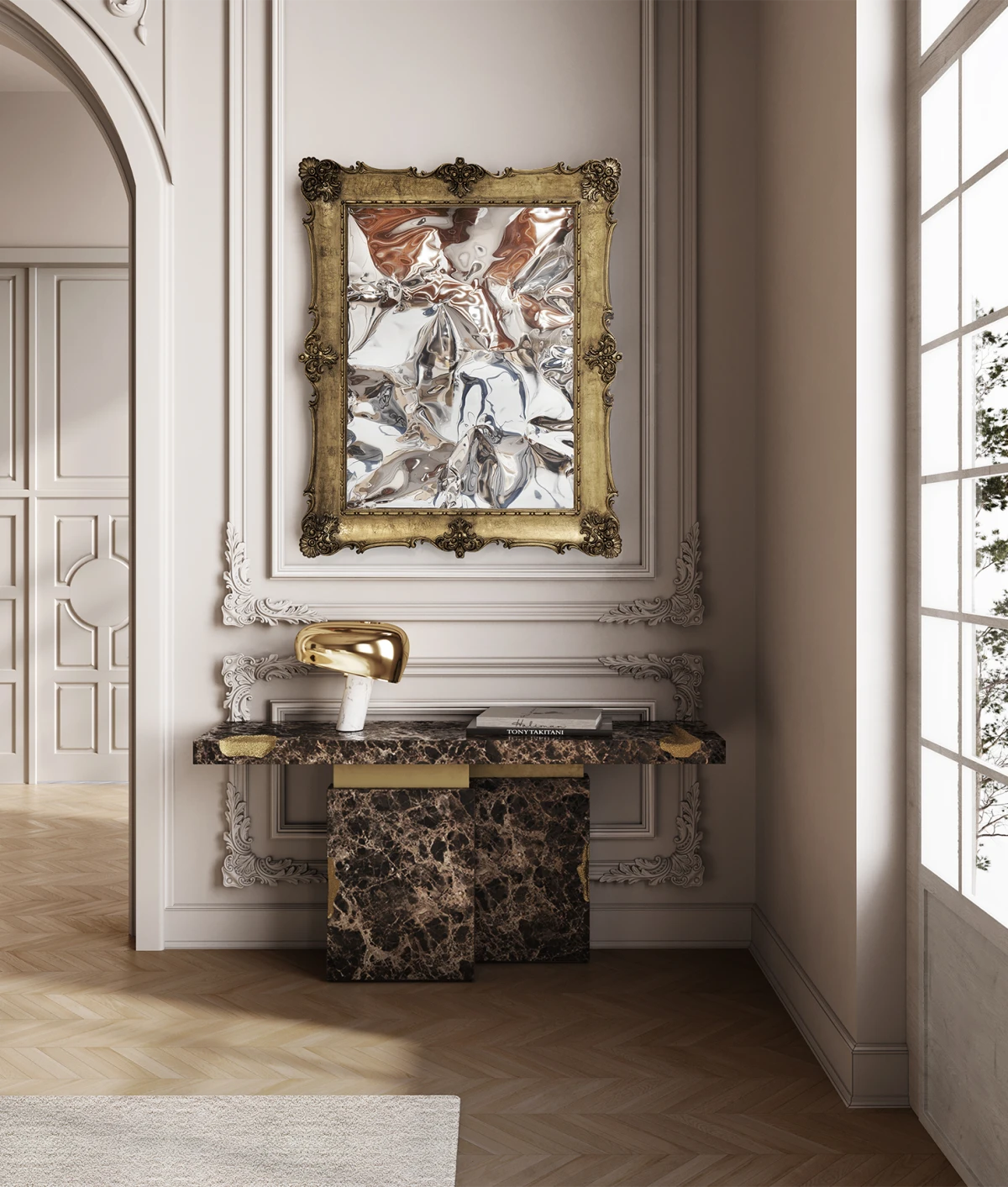 Modern Bespoke Marble Console Table with Gold Leaf Inlay-4