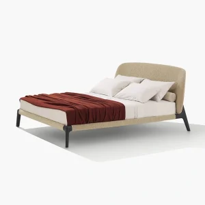 Sculptural Wood Leg Custom Bed with Plush Fabric Upholstery-1