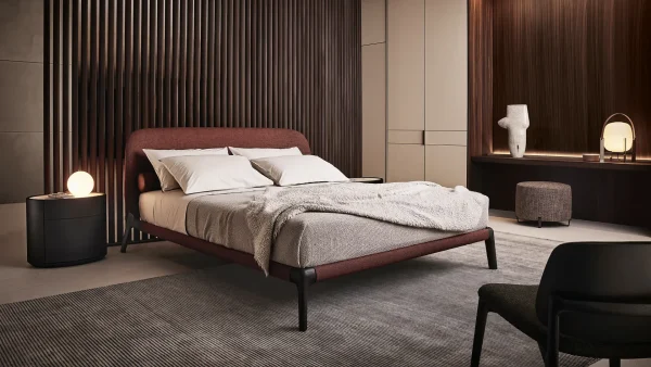 Sculptural Wood Leg Custom Bed with Plush Fabric Upholstery-2