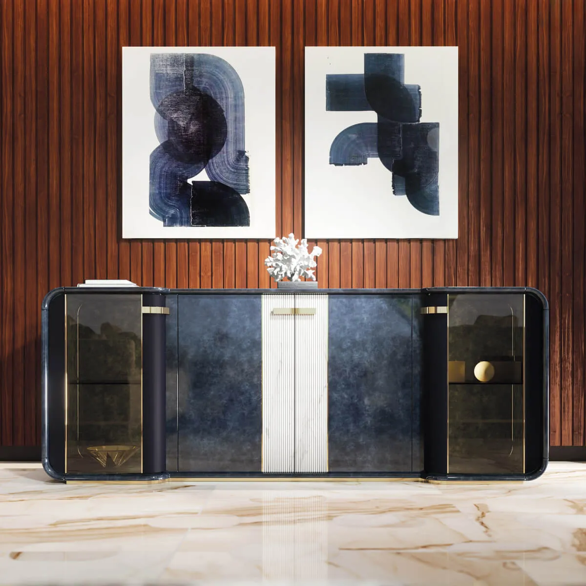 Custom Built Sideboards, Ribbed Marble & Smoked Glass Design