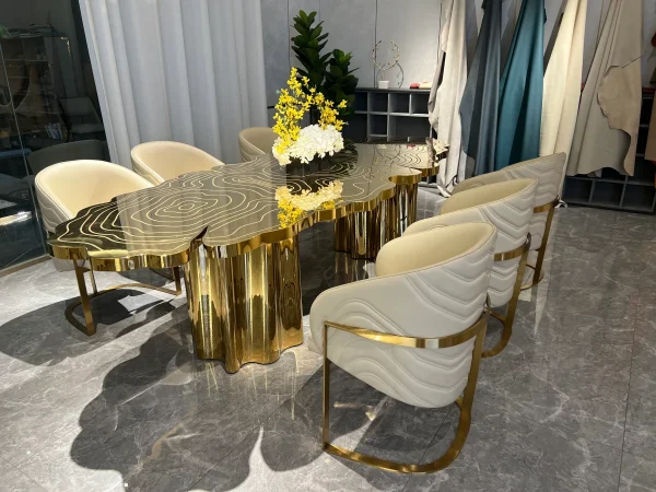 Custom Made Dining Table, Artisanal Golden & Wood Texture-3
