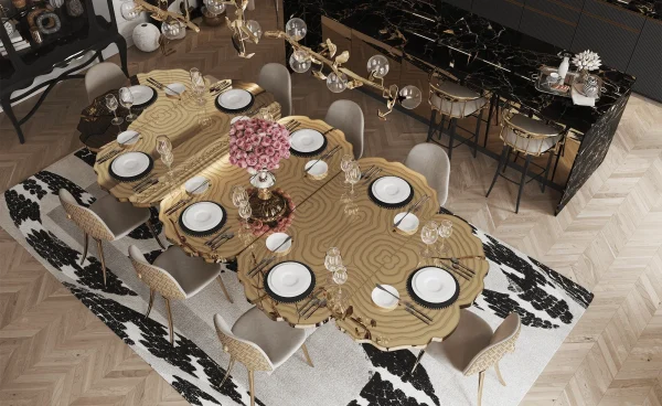 Custom Made Dining Table, Artisanal Golden & Wood Texture
