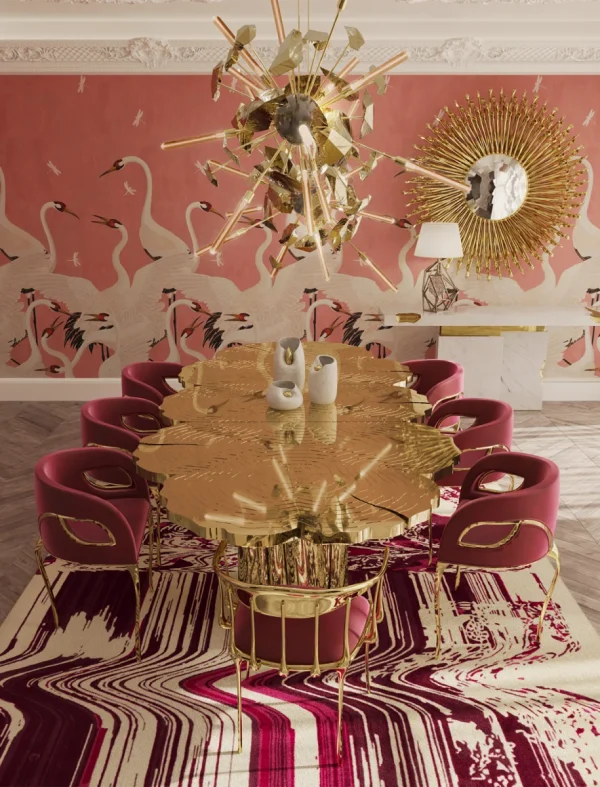 Custom Made Dining Table, Artisanal Golden & Wood Texture