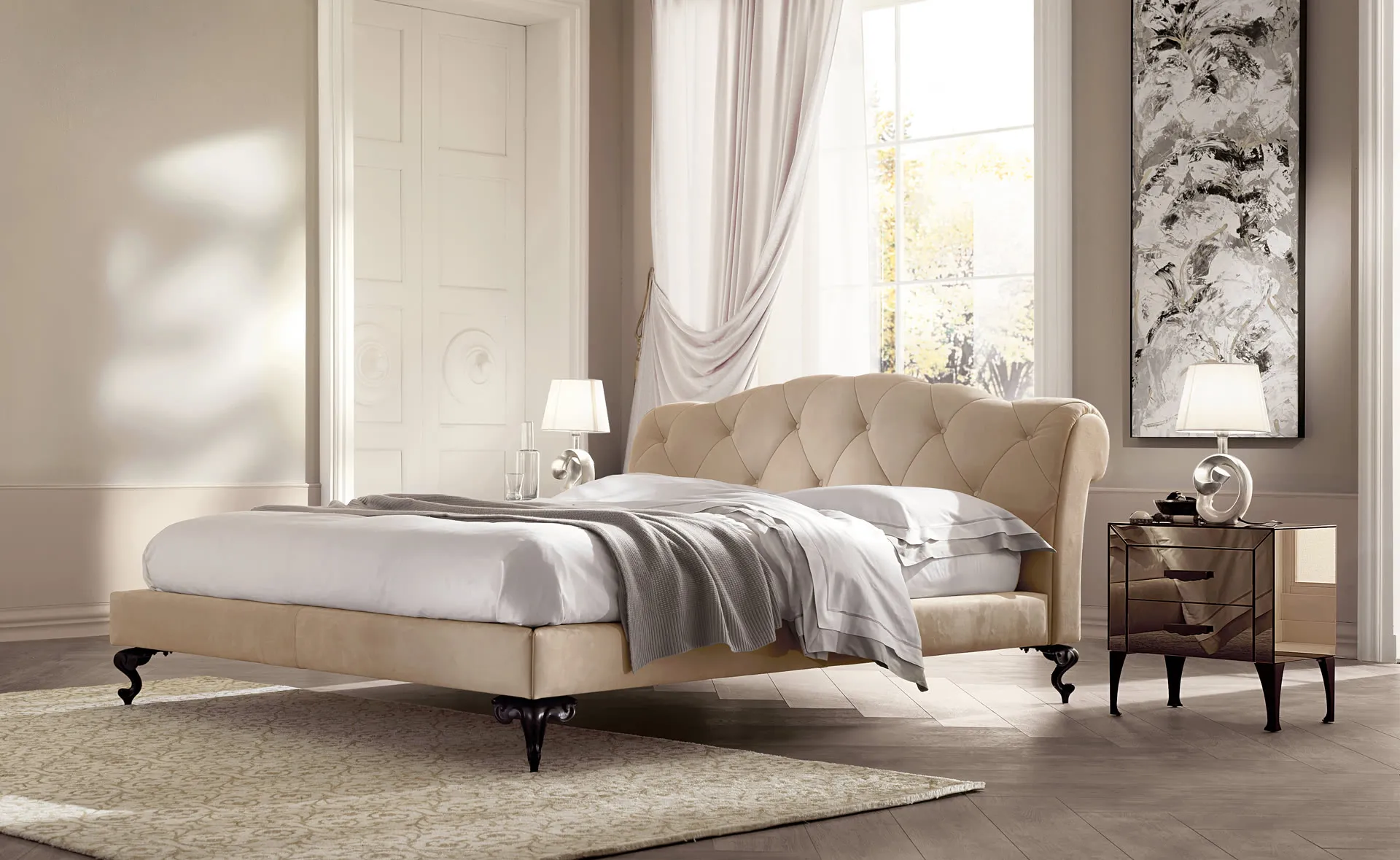 Luxury Custom Made Bed, Chesterfield Velvet Sleigh Design-4