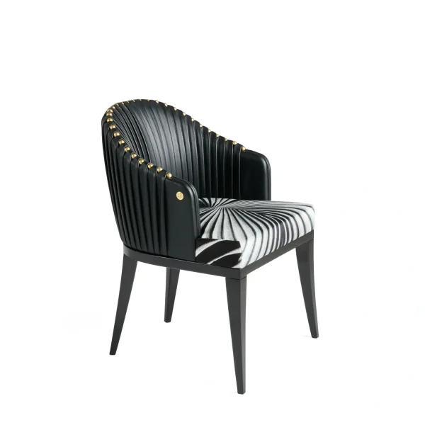 Bespoke Black Modern Dining Chair, Ribbed Upholstery Stud Accents