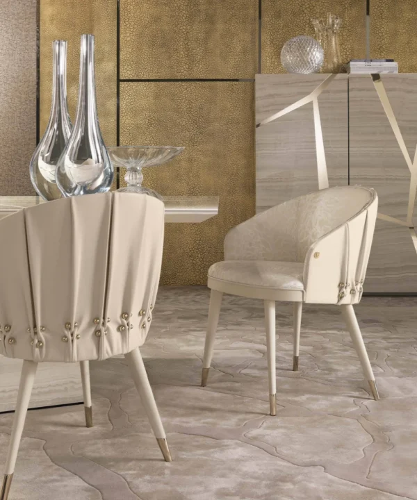 Bespoke Curved Dining Chair, Plush Upholstery & Gold Accents