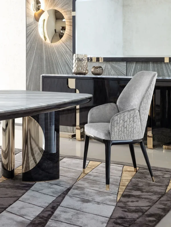 Bespoke Gray Dining Chairs, Quilted with Gold-Tipped Legs