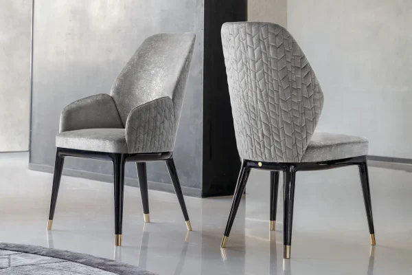 Bespoke Gray Dining Chairs, Quilted with Gold-Tipped Legs