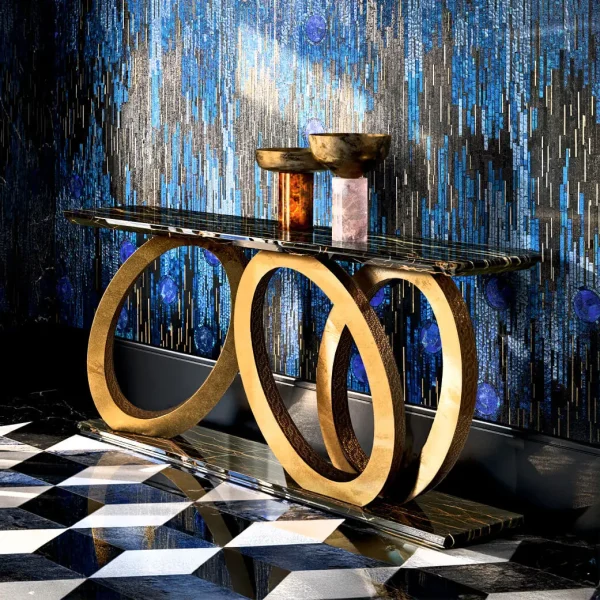 Bespoke Modern Metal Console Table with Triple Ring Base