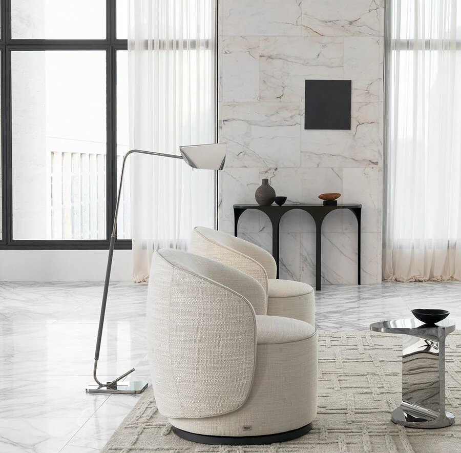 Bespoke Round Swivel Armchair, Comfy Boucle Barrel Chair