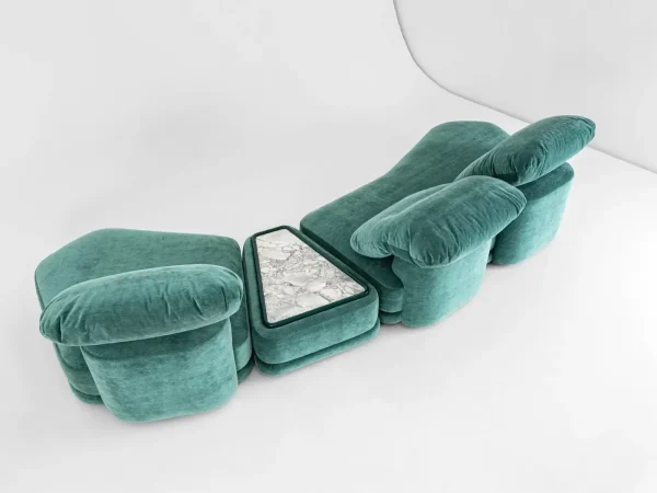 Elegant Bespoke Curved Velvet Sofa with Marble Side Table-2