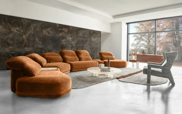 Elegant Bespoke Curved Velvet Sofa with Marble Side Table-3