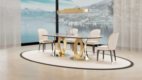 Marble Top Dining Table, Faux Marble Veneer, Intricate Base