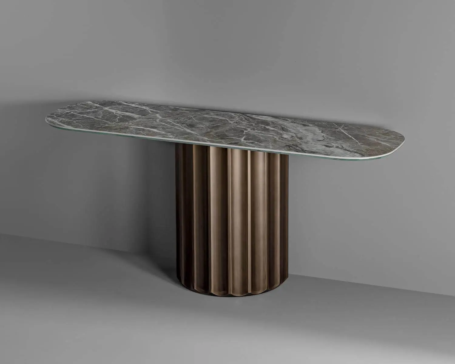 Pedestal Console Table with Marble Top & Bespoke Fluted Leg