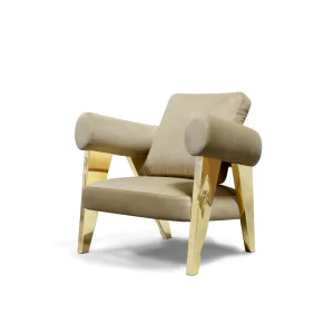 Fauteuil de luxe sur mesure, accoudoirs roulés avec structure en métal doré-1
