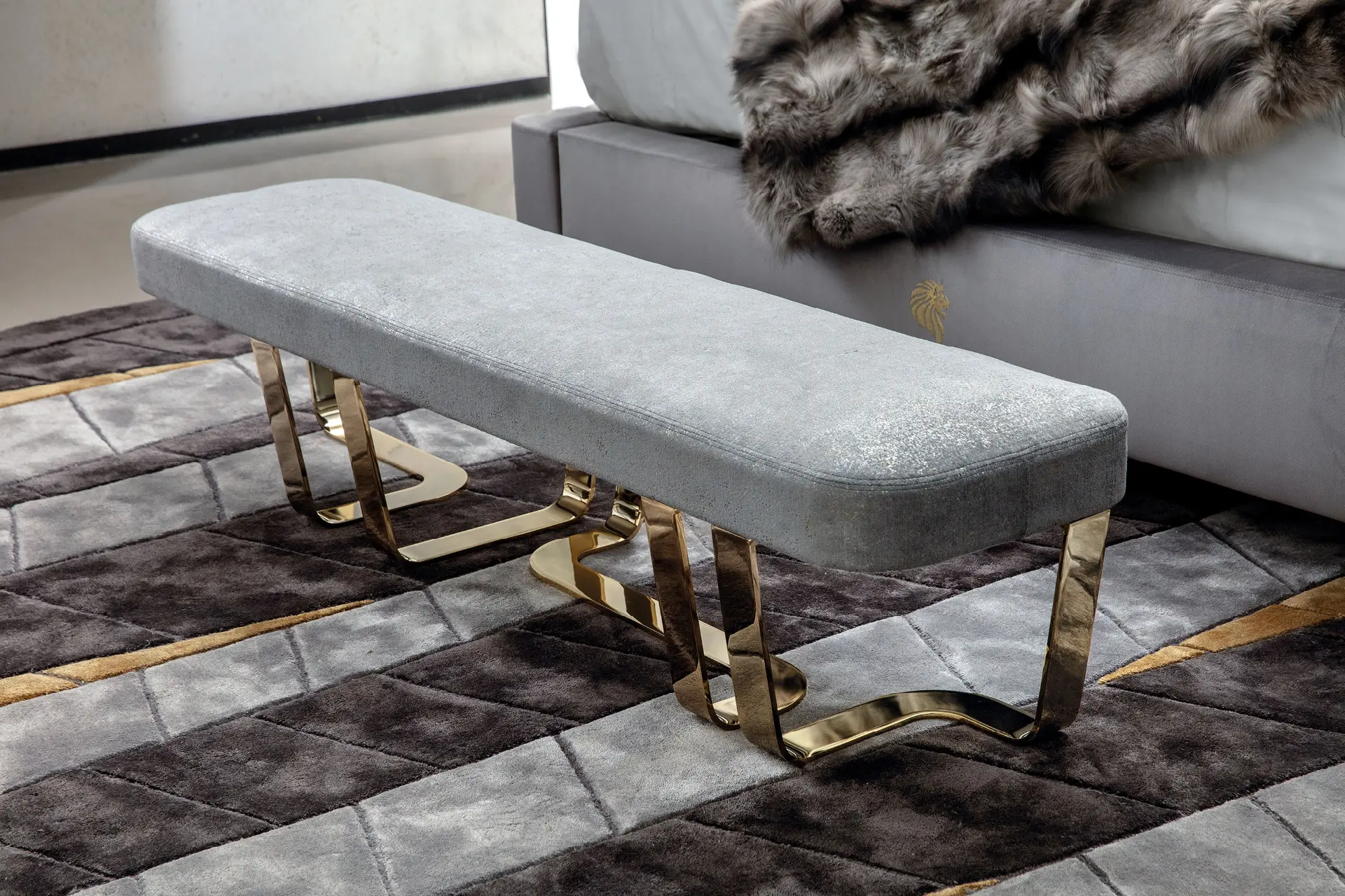 Bespoke Luxury Upholstered Long Bedroom Bench with Gold Base-3