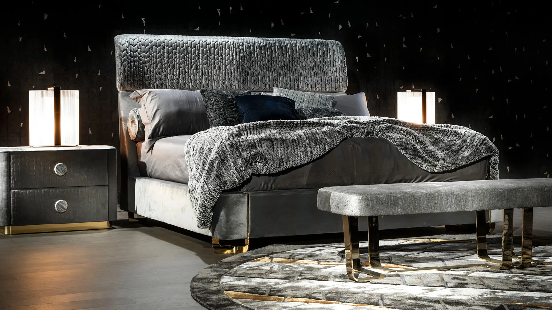 Bespoke Luxury Upholstered Long Bedroom Bench with Gold Base-4