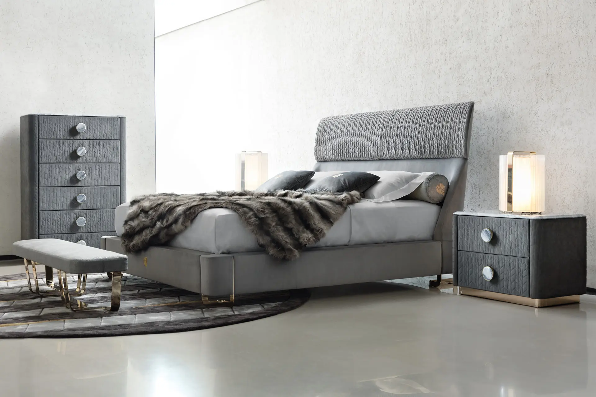 Bespoke Luxury Upholstered Long Bedroom Bench with Gold Base-5