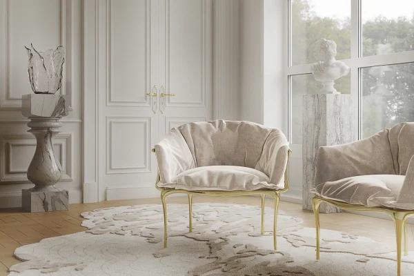 Bespoke Upholstered Armchair, Gold Metal Frame Plush​ Design-4