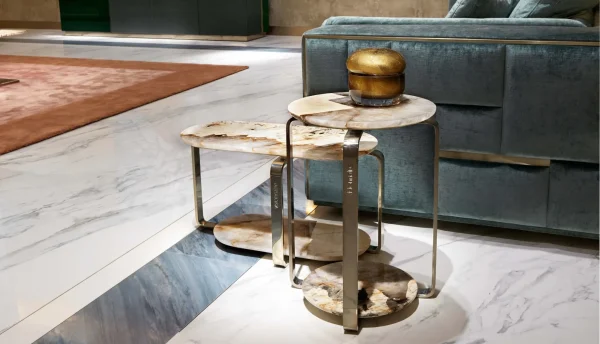 Sculptural Bespoke Side Tables with Marble Top & Gold Frame