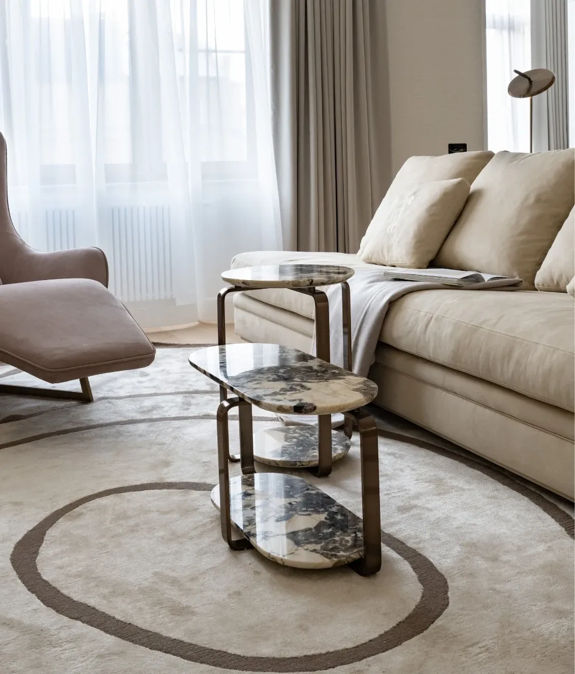 Sculptural Bespoke Side Tables with Marble Top & Gold Frame