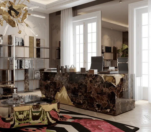 Golden Lapiaz Daylight Leather Office Desk QMY-WD007 - Bespoke Console Tables, Living Room Furniture Manufacturer Direct