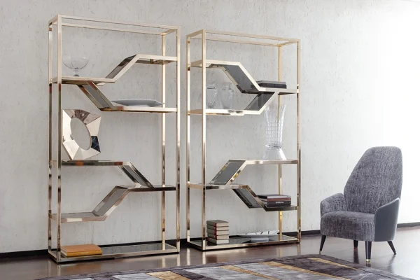 High-Class Gold Stainless Steel Glass Display Bookshelf QMY-BS001 - Custom Bookcase For Home Office