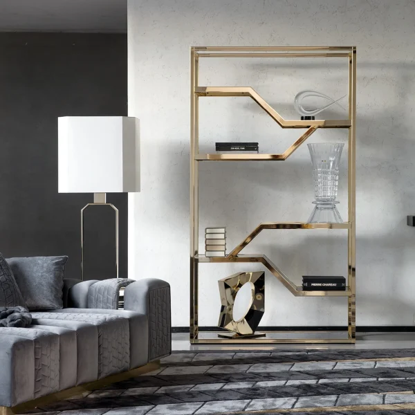 High-Class Gold Stainless Steel Glass Display Bookshelf QMY-BS001 - Custom Bookcase For Home Office