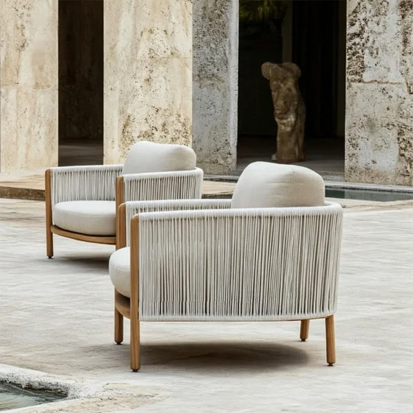 Luxury Hotel Outdoor Modern Patio Balcony Teak Rope Sofa QMY-ODSF002 - Wholesale Patio Outdoor Sofa Manufacturer MOQ 1 pc Supply