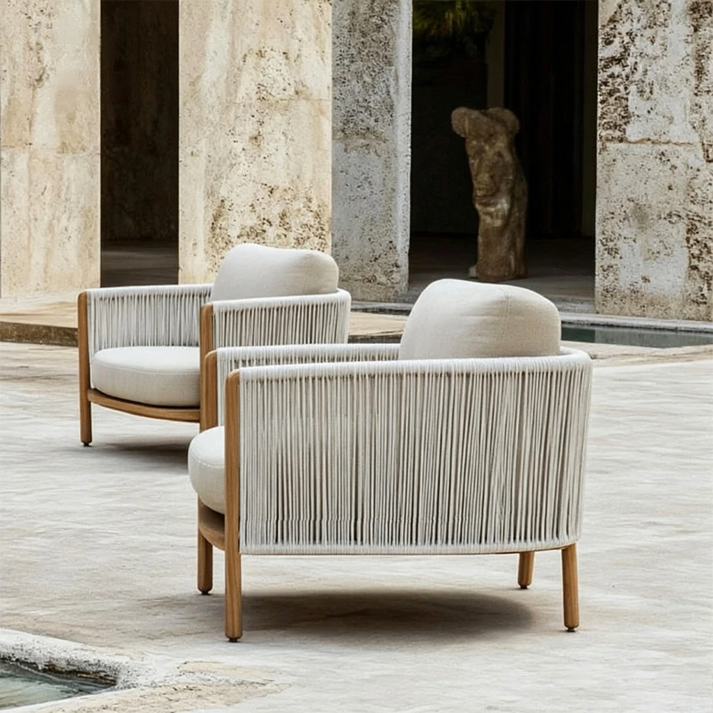 Luxury Hotel Outdoor Modern Patio Balcony Teak Rope Sofa QMY-ODSF002 - Wholesale Patio Outdoor Sofa Manufacturer MOQ 1 pc Supply - Image 5