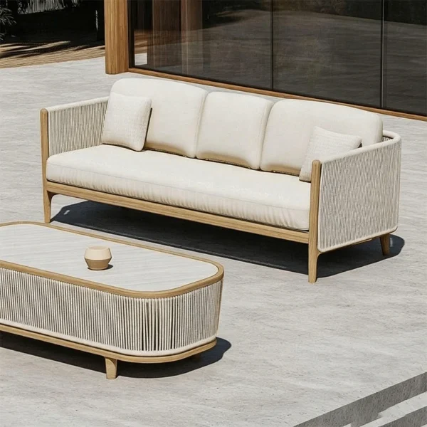 Luxury Hotel Outdoor Modern Patio Balcony Teak Rope Sofa QMY-ODSF002 - Wholesale Patio Outdoor Sofa Manufacturer MOQ 1 pc Supply