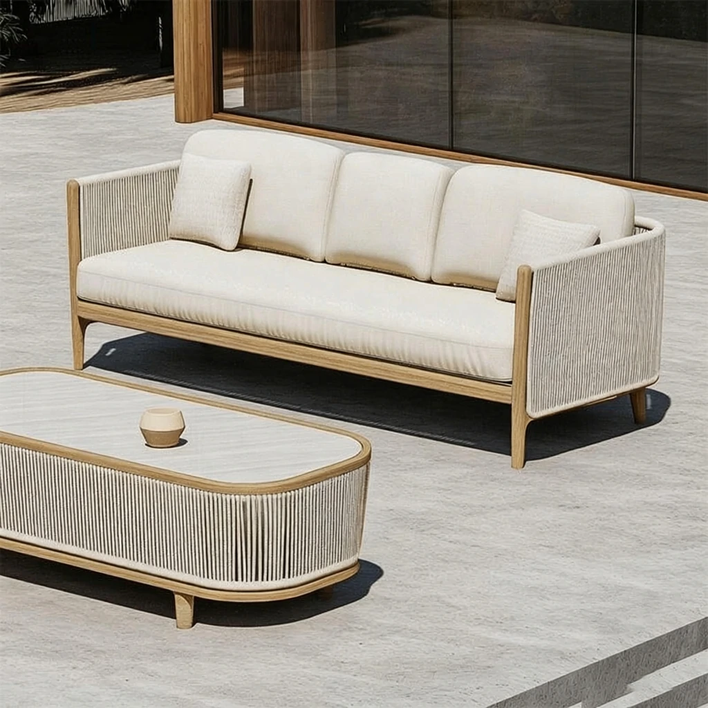 Luxury Hotel Outdoor Modern Patio Balcony Teak Rope Sofa QMY-ODSF002 - Wholesale Patio Outdoor Sofa Manufacturer MOQ 1 pc Supply - Image 4