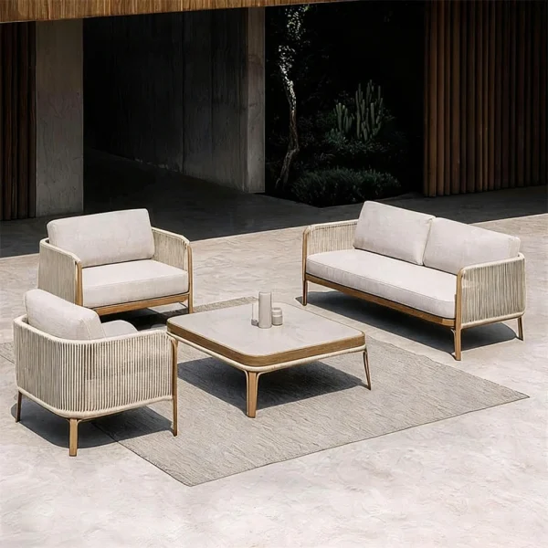 Luxury Hotel Outdoor Modern Patio Balcony Teak Rope Sofa QMY-ODSF002 - Wholesale Patio Outdoor Sofa Manufacturer MOQ 1 pc Supply