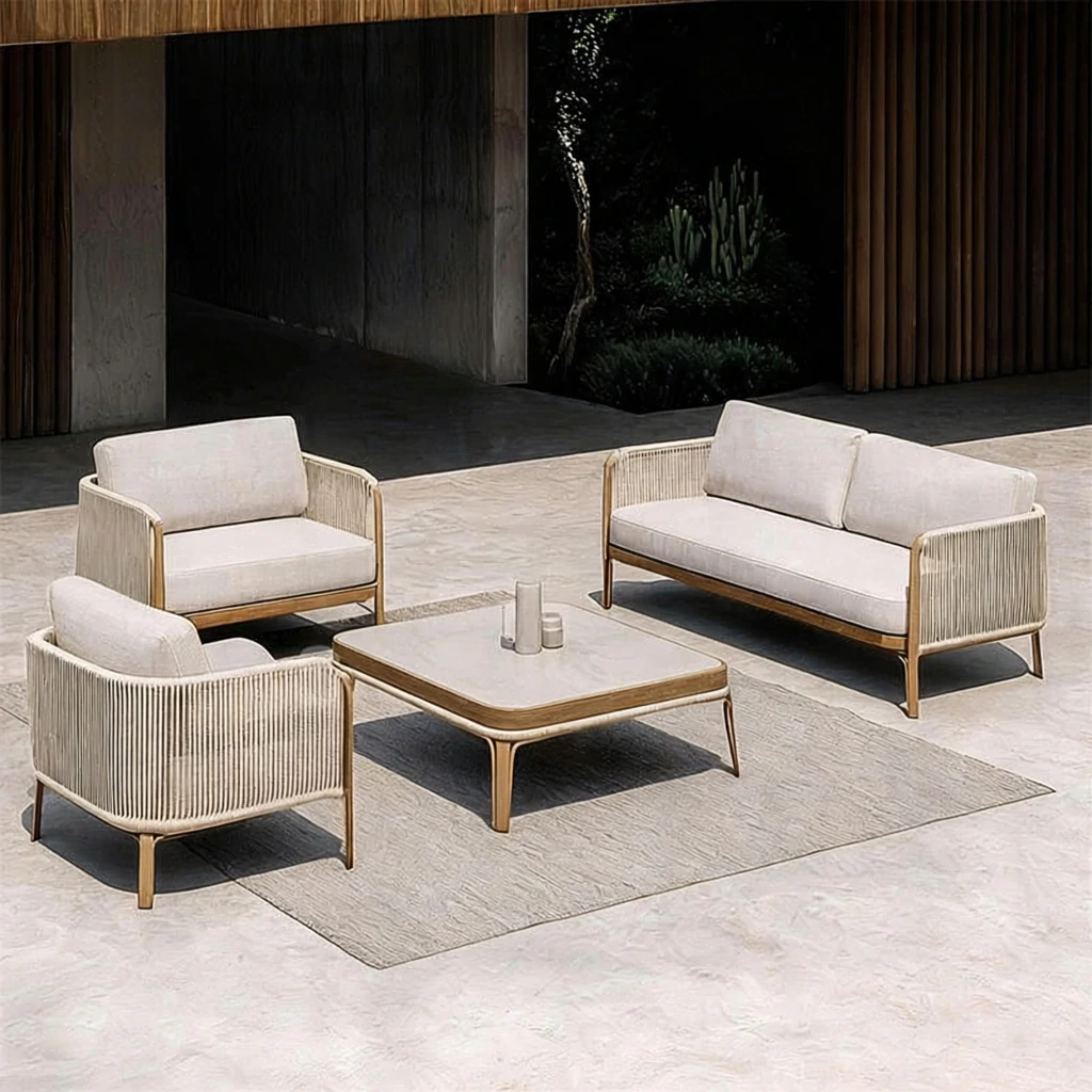 Luxury Hotel Outdoor Modern Patio Balcony Teak Rope Sofa QMY-ODSF002 - Wholesale Patio Outdoor Sofa Manufacturer MOQ 1 pc Supply - Image 3