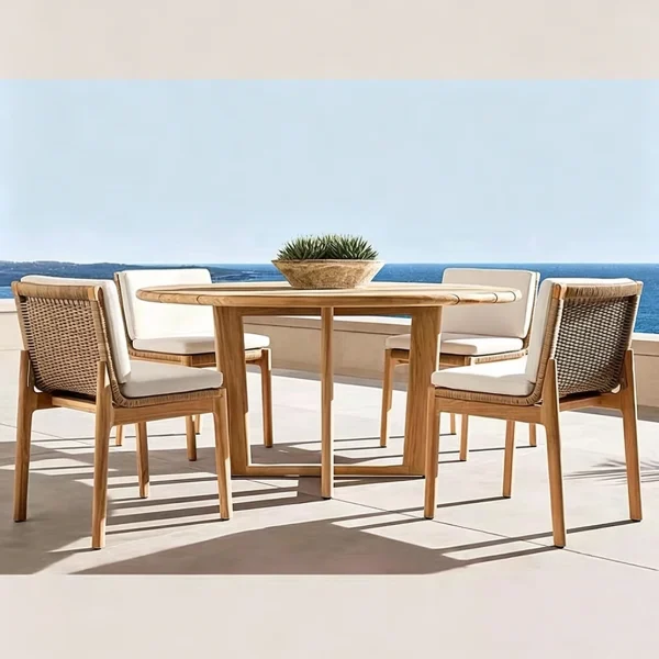 Custom Modern Outdoor Dining Chair, Solid Teak Wood, Woven Back QMY-ODDC012
