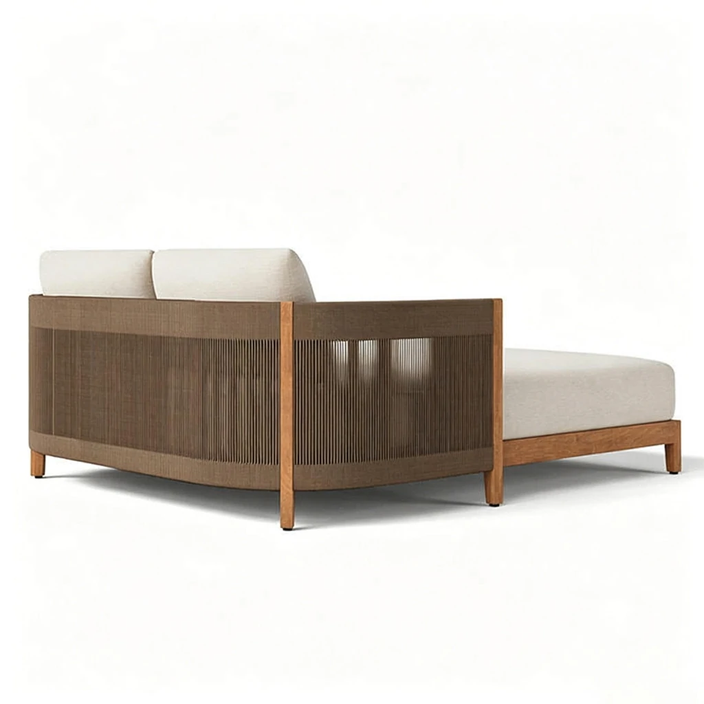 Modern Style Teak Daybeds Eco-Friendly Durable Waterproof Outdoor Rope Two-person Sun Lounger QMY-ODSL003 - Custom Outdoor Lounge Low MOQ 1 pcs - Image 4