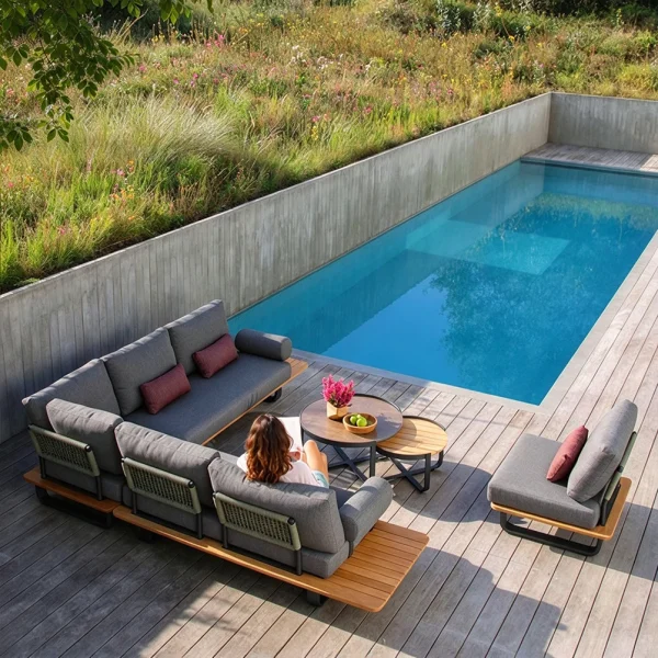 Custom Modular Outdoor Sectional Sofa, Teak Wood, L-Shaped QMY-ODSF028