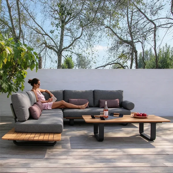 Custom Modular Outdoor Sectional Sofa, Teak Wood, L-Shaped QMY-ODSF028
