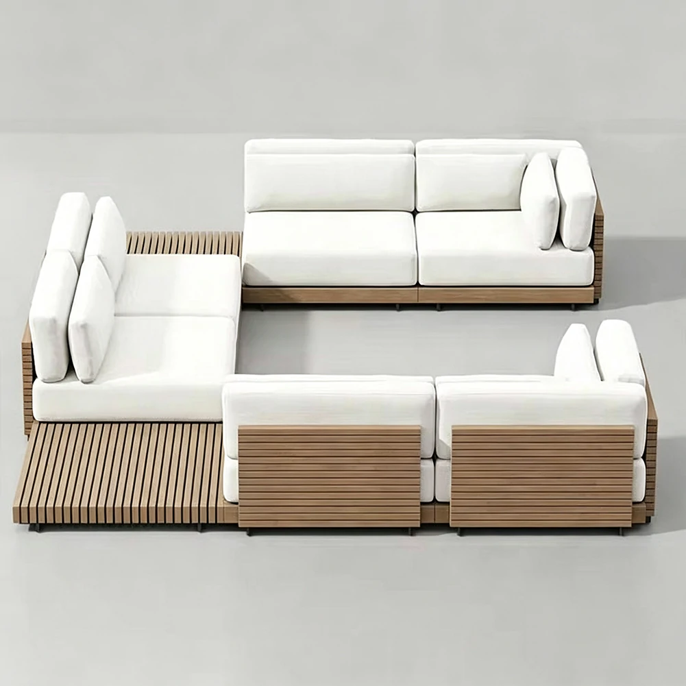 Custom Outdoor Sectional Sofa With Extended Platform, Teak Wood Outdoor Sofa QMY-ODSF024