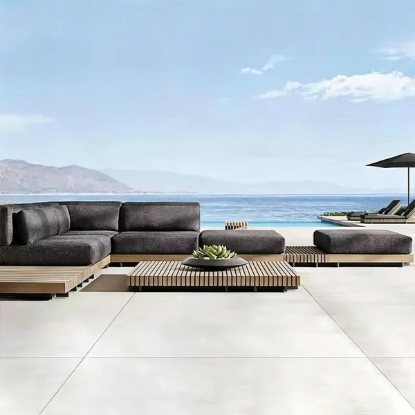 Custom Outdoor Sectional Sofa With Extended Platform, Teak Wood Outdoor Sofa QMY-ODSF024