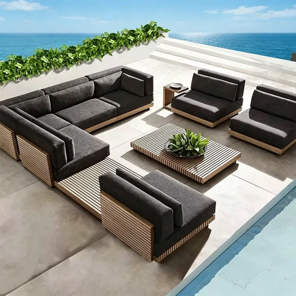 Custom Outdoor Sectional Sofa With Extended Platform, Teak Wood Outdoor Sofa QMY-ODSF024